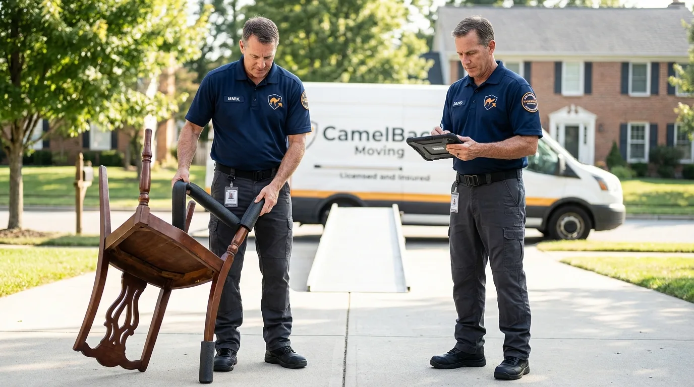 Movers inspecting furniture for damage prevention before loading in Diablo, CA